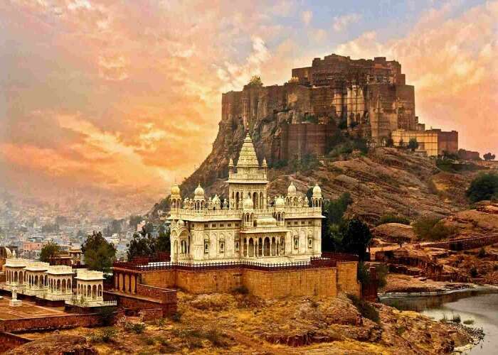 Evening view of Jaswant Thada with mehrangarh as backdrop